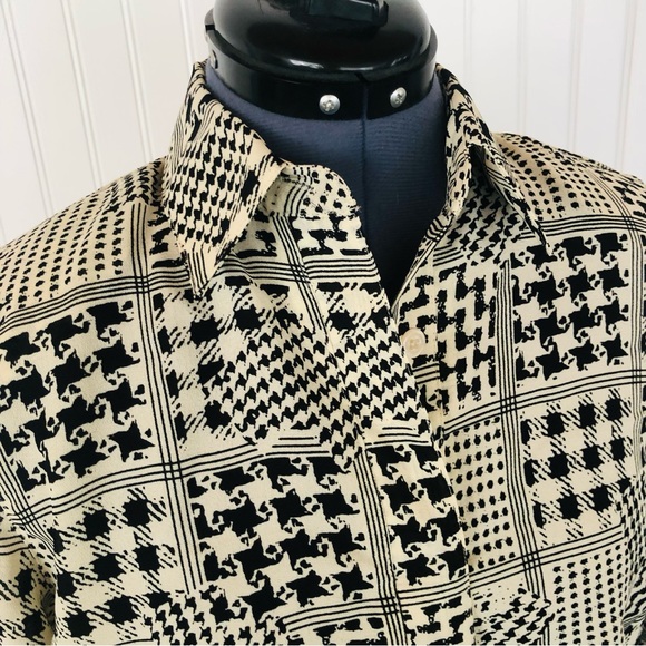 Vintage 70s 80s Black and White Pullover Blouse Pattern Abstract Houndstooth Med - Picture 6 of 14